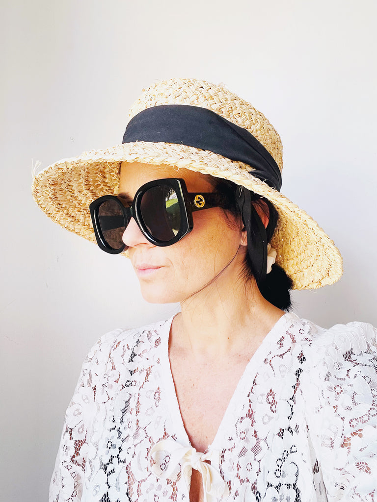 Straw Hat with black Ribbons