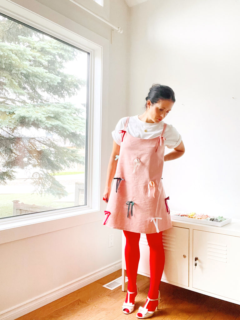 Pink Slip Dress with Velvet Bows