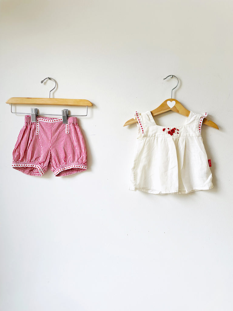 Baby - Set of linen camisole + seersucker bloomers - 3 - 6 months old