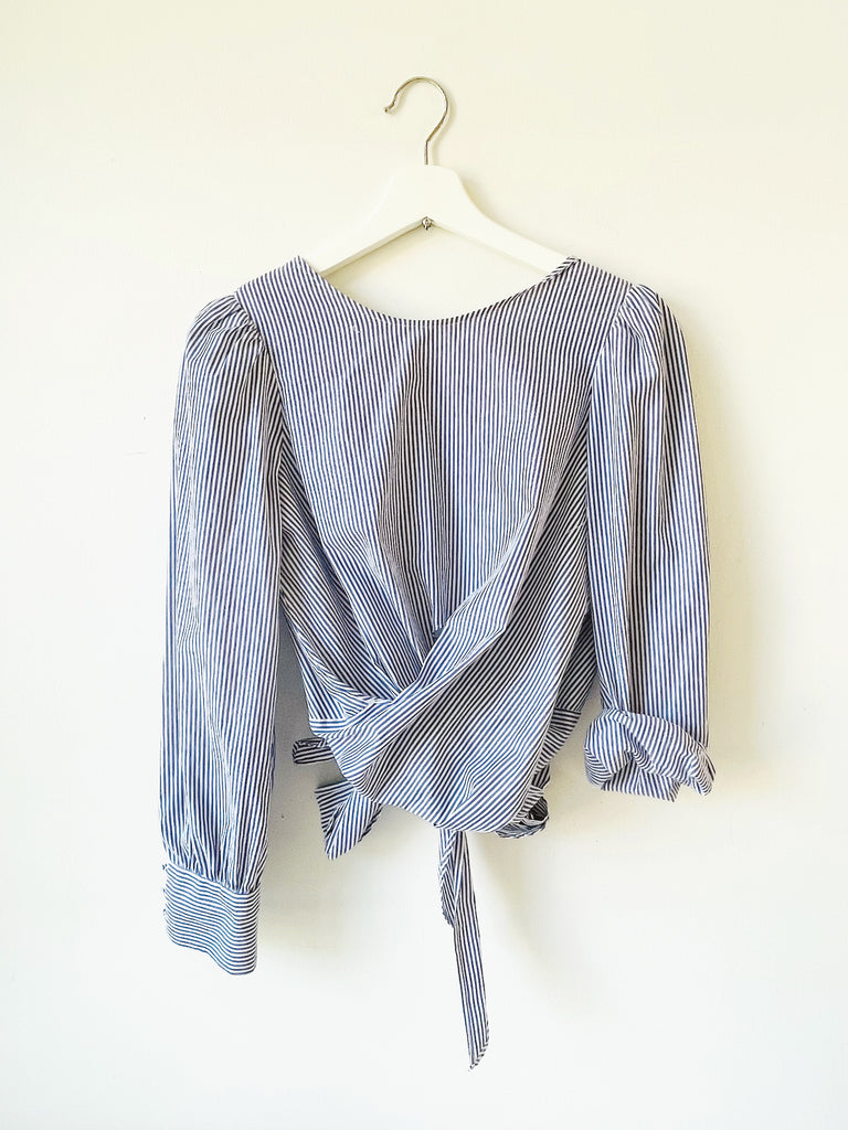 Backless Blue Mini Stripe Poplin Blouse - Size XS