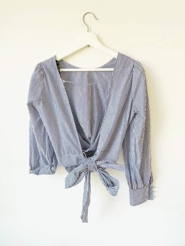 Backless Blue Mini Stripe Poplin Blouse - Size XS