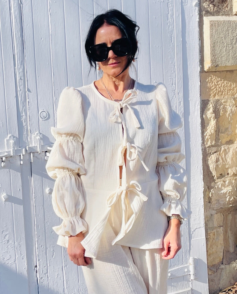 Celine Bubble Sleeve Blouse - Closure  Front