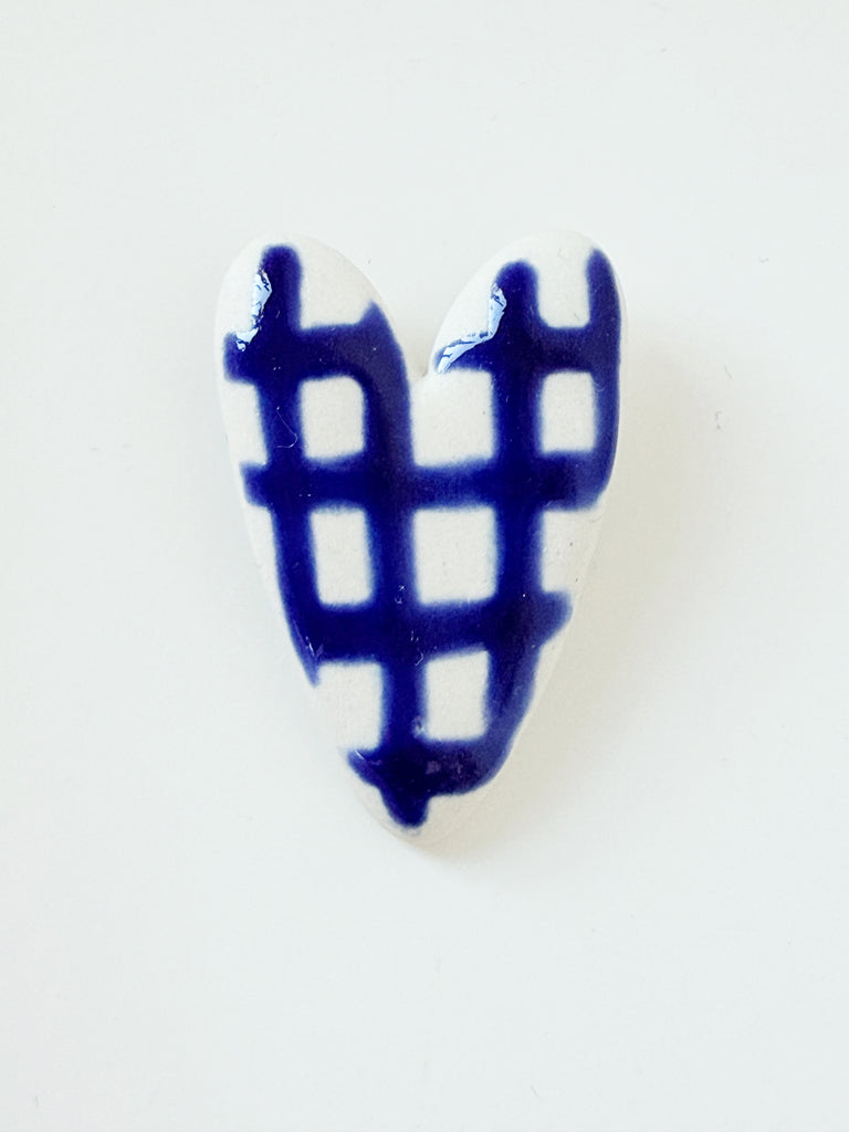 Heart Brooch - Gingham Blue