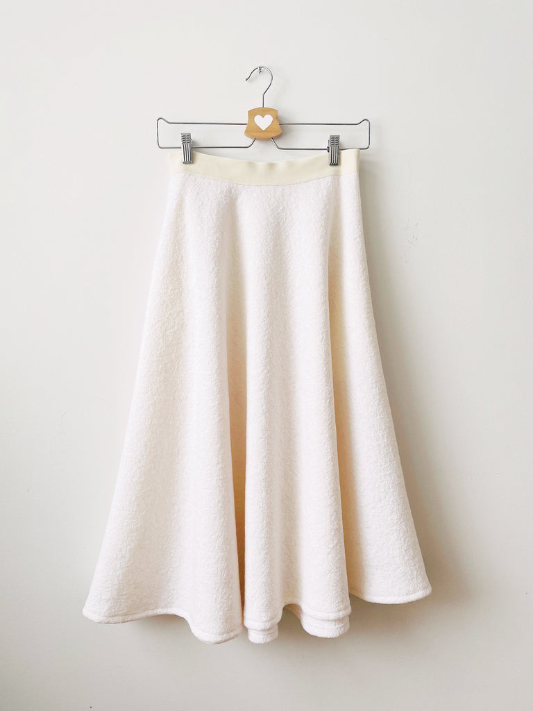 Sabrina Skirt in Cream Boucle Wool festooned with ribbons