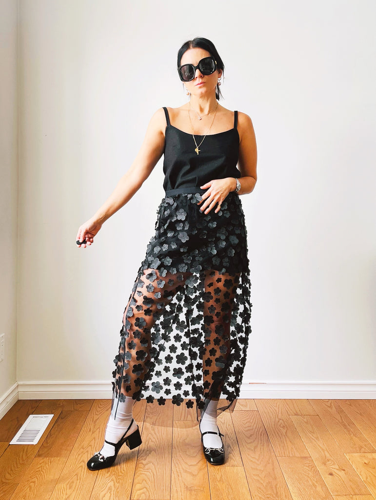 Albina Slip Skirt in Black Tulle Jasmine flowers