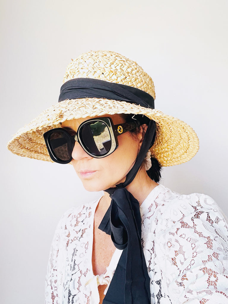 Straw Hat with black Ribbons