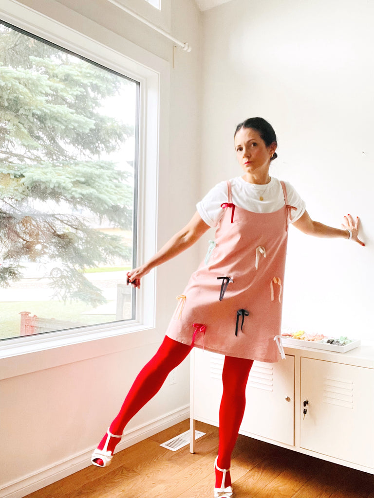 Pink Slip Dress with Velvet Bows