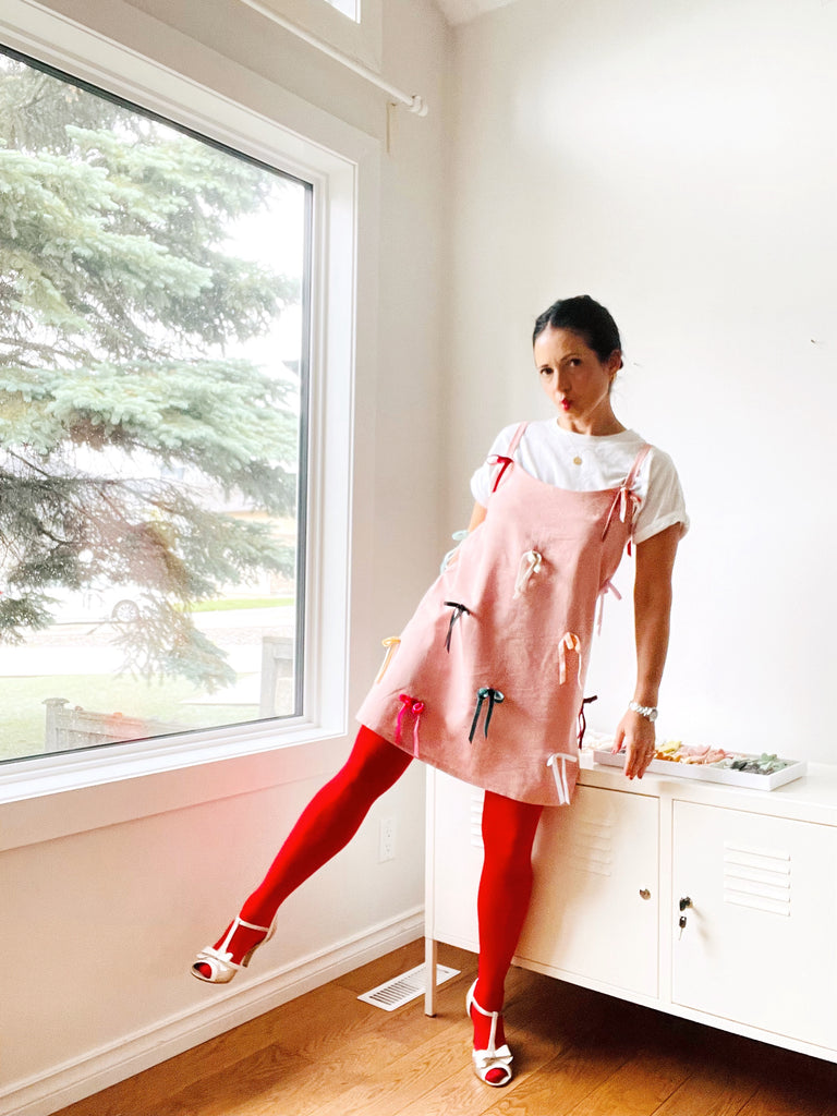 Pink Slip Dress with Velvet Bows