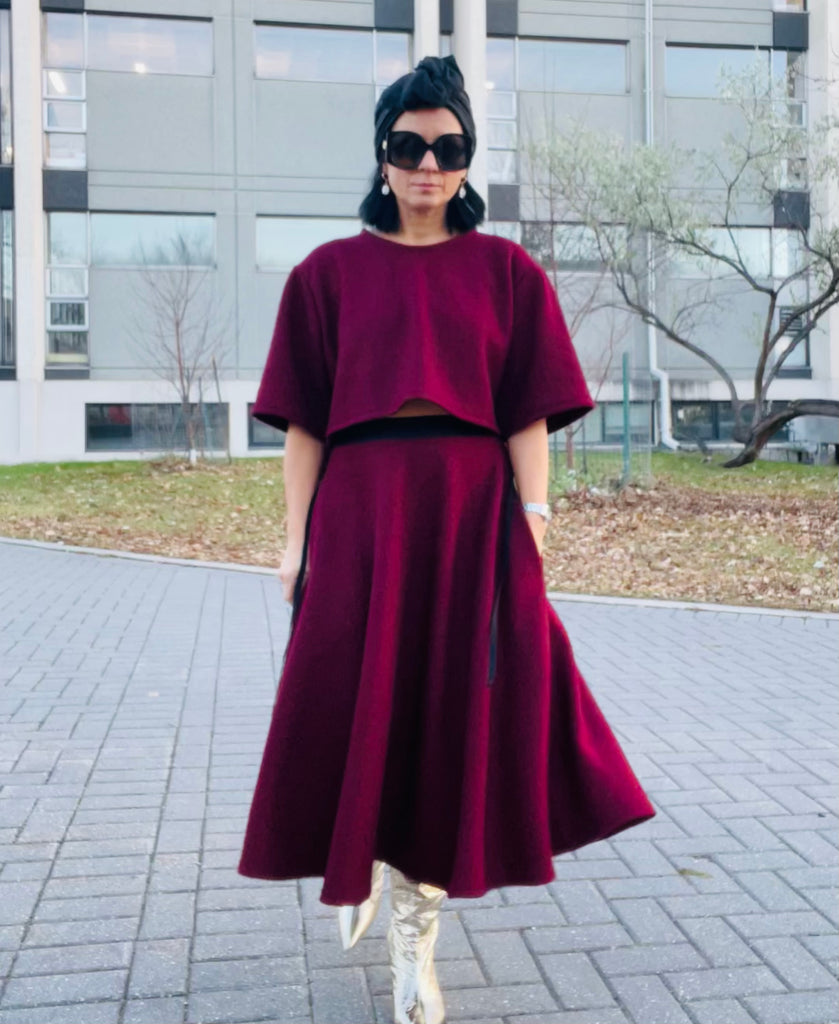 Sabrina Midi Skirt in Burgundy Boucle Wool