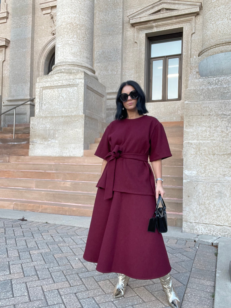 Sabrina Midi Skirt in Burgundy Boucle Wool