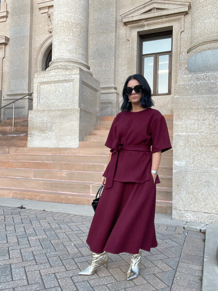 Sabrina Midi Skirt in Burgundy Boucle Wool