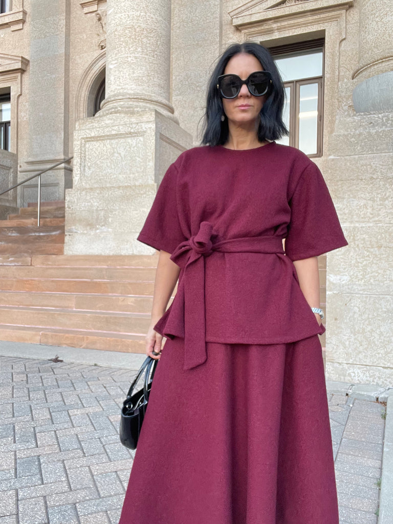 Sabrina Midi Skirt in Burgundy Boucle Wool