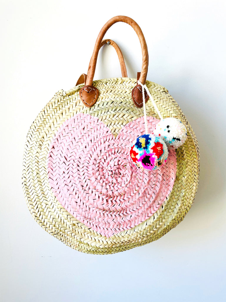 Round  Straw Bag with Leather Straps and Poms by Poppy Joy Pompoms