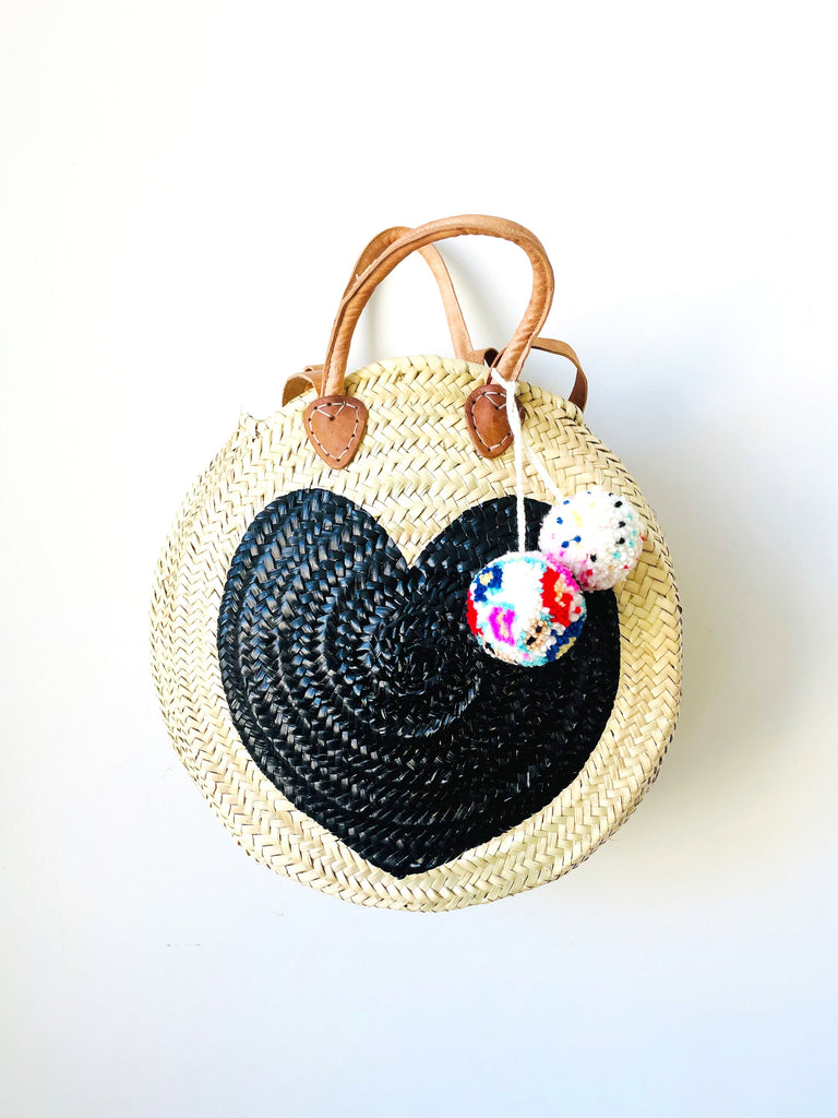 Round  Straw Bag with Leather Straps and Poms by Poppy Joy Pompoms