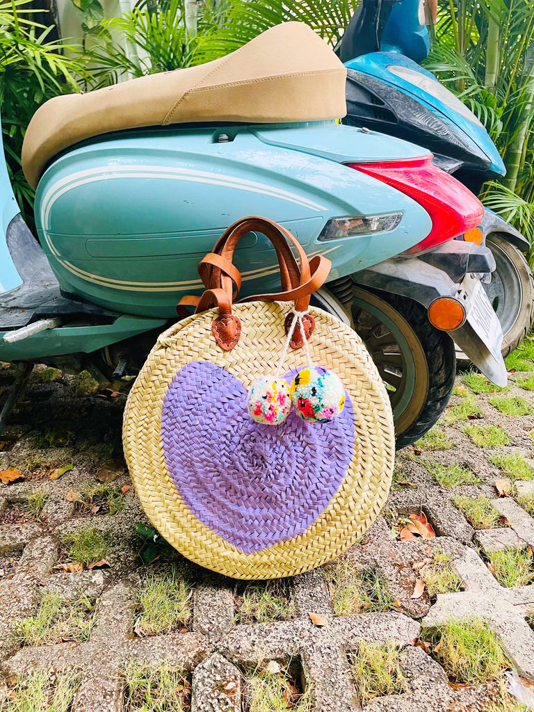 Round  Straw Bag with Poms by Poppy Joy Pompoms - Lavender