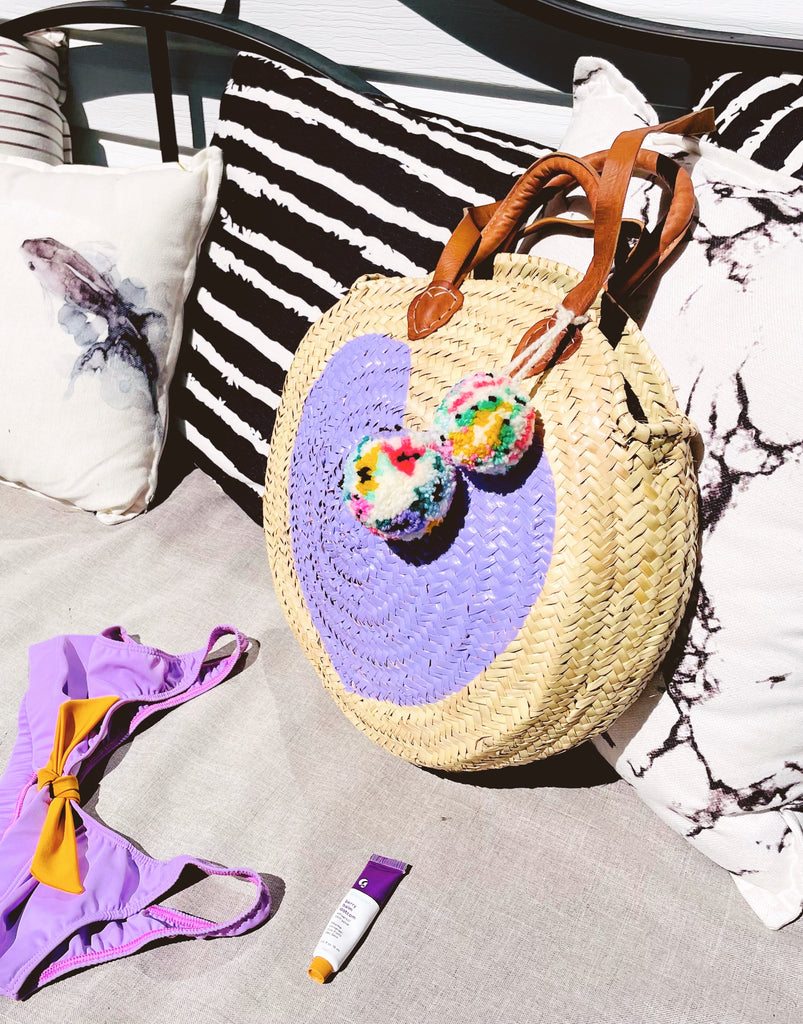 Round  Straw Bag with Poms by Poppy Joy Pompoms - Lavender
